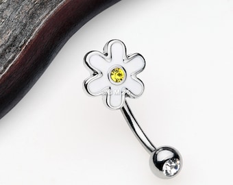 Adorable Daisy Steel Curved Barbell Eyebrow Ring-Clear Gem/Yellow