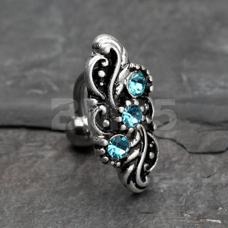 Aqua Vintage Leaflet Sparkle Hinged Reverse Belly Button Ring