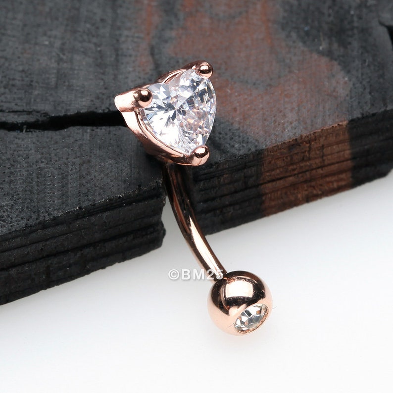 Rose Gold Heart Gem Sparkle Prong Curved Barbell
