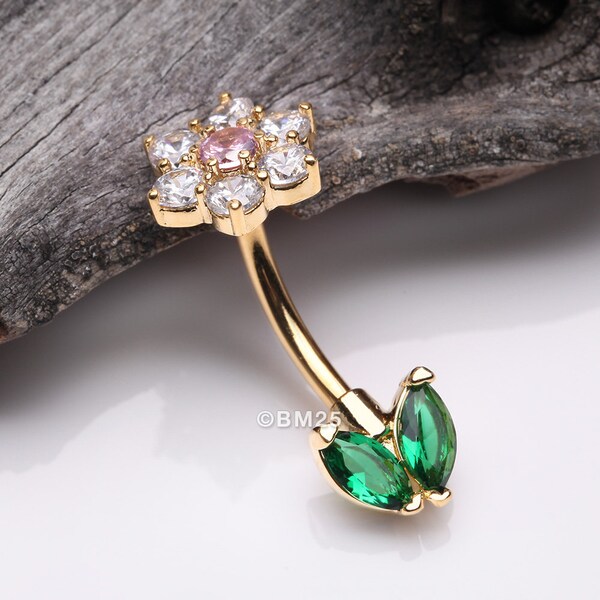 Golden Blooming Sparkle Spring Flower Belly Button Ring-Clear Gem/Pink/Green