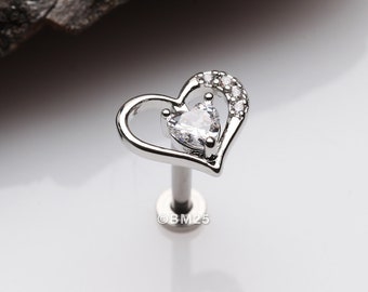 Journey Heart Solitaire Sparkle Internally Threaded Labret-Clear Gem