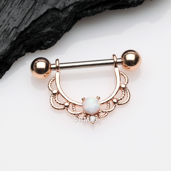 A Pair of Rose Gold Turan Fire Opal Sparkle Dangle Nipple Shield-White Opalangle Nipple Shield - White Opal