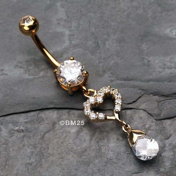 Golden Darling Heart Sparkle Belly Button Ring-Clear Gem