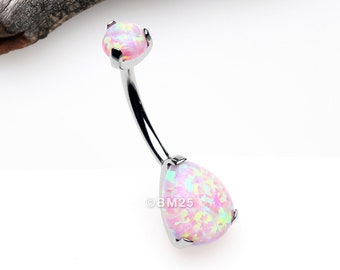 Implant Grade Titanium Internally Threaded Teardrop Opal Prong Belly Button Ring-Pink Opal