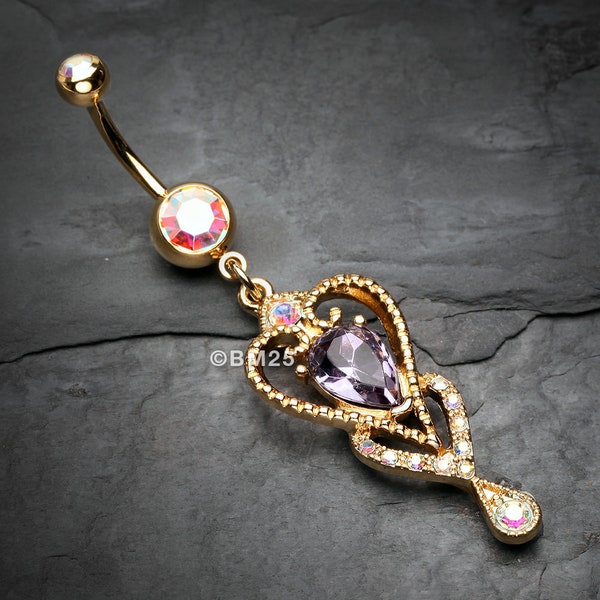 Golden Heart Preciosa Sparkle Belly Button Ring-Aurora Borealis/Tanzanite