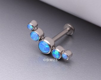 Implant Grade Titanium Journey Fire Opal Curve Top Internally Threaded Flat Back Stud Labret-Blue Opal