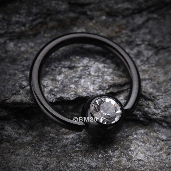 Black Colorline PVD Clear Gem Ball Captive Bead Ring Black Colorline PVD Clear Gem Ball Captive Bead Ring