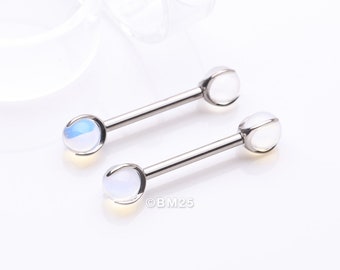 A Pair of Implant Grade Titanium Opalite Stone Ball Claw Prong Internally Threaded Nipple Barbell