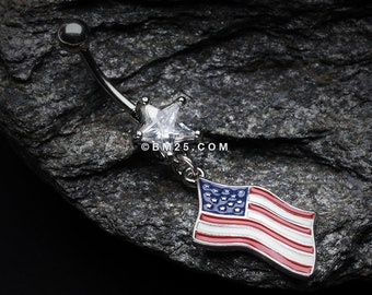 American Flag Belly Button Ring-Clear Gem