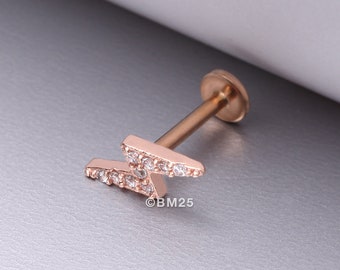 Rose Gold Lightning Bolt Sparkle Top Internally Threaded Steel Flat Back Stud Labret-Clear Gem