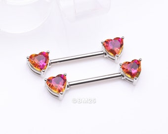 A Pair of Iridescent Heart Sparkle Nipple Barbell-Light Rainbow