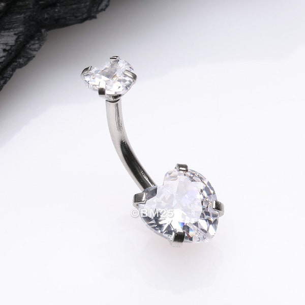 Double Heart Sparkle Prong Internally Threaded Belly Button Ring-Clear Gem