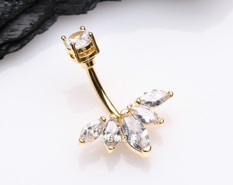Golden Lotus Marquise Floral Sparkle Belly Button Ring-Clear Gem