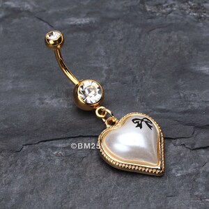 Golden Puffed Pearl Heart Ribbon Belly Ring-Clear Gem