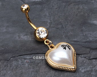 Golden Puffed Pearl Heart Ribbon Belly Ring-Clear Gem