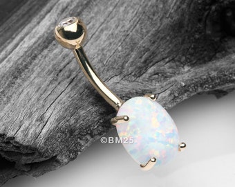 14 Karat Gold Prong Set Fire Opal Sparkle Belly Button Ring-White Opal