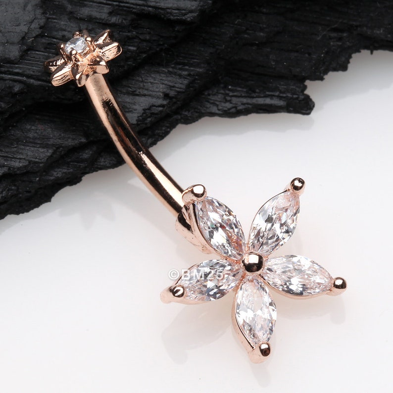 Rose Gold Brilliant Marquise Spring Flower Sparkle Internally Threaded Belly Button Ring