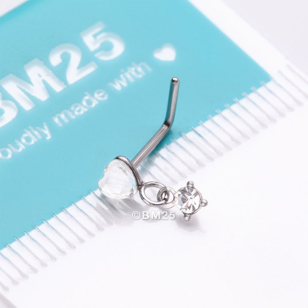 Heart Gem Sparkle Dangle L-Shaped Nose Ring-Clear Gem