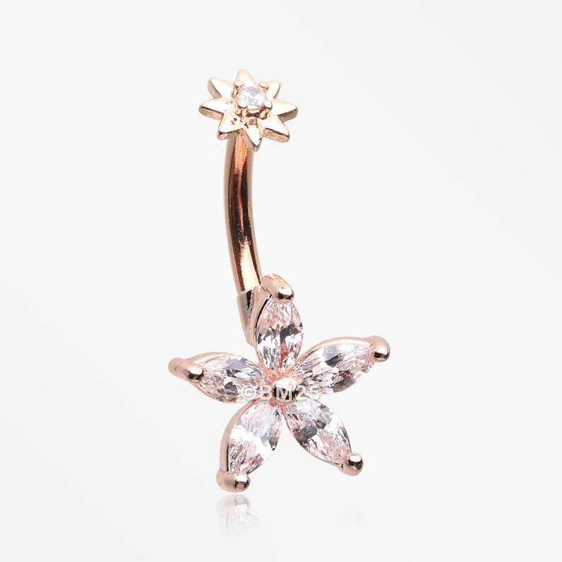 Rose Gold Brilliant Marquise Spring Flower Sparkle Internally Threaded Belly Button Ring