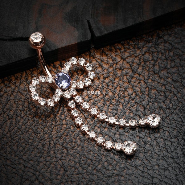 Rose Gold Radiant Sparkles Bow-Tie Belly Button Ring-Clear Gem/Tanzanite