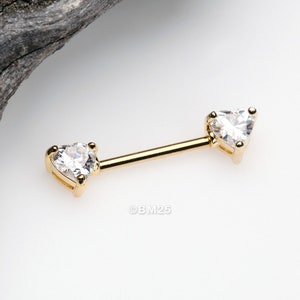 A Pair of Golden Heart Sparkle Prong Nipple Barbell-Clear Gem