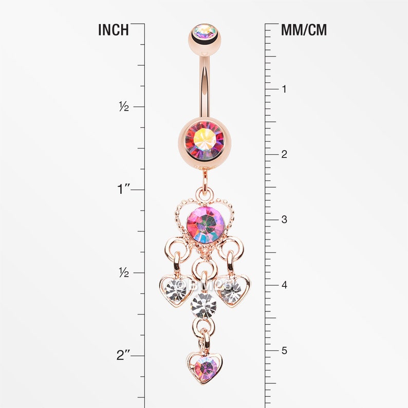 Rose Gold Sparkle Multi Heart Belly Button Ring-Pink/Aurora Borealis