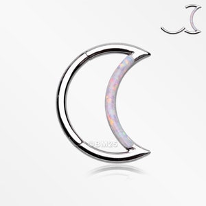 Fire Opal Lined Crescent Moon Seamless Clicker Hoop Ring-White Opal