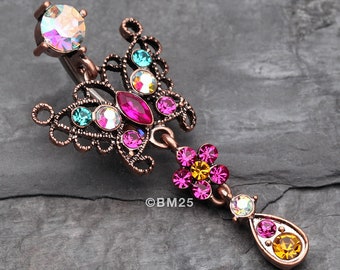 Vintage Boho Glistening Butterfly Flower Reverse Belly Button Ring-Copper/Aurora Borealis/Fuchsia