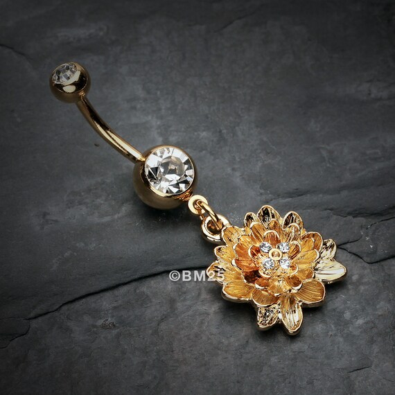 Golden Divine Lotus Belly Button Ring clear Gem Etsy Canada