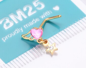 Golden Angel Heart Sparkle Star Dangle L-Shaped Nose Ring-Pink/Clear Gem