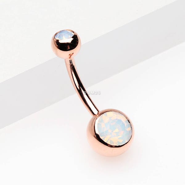 Rose Gold Opalite Double Gem Ball Steel Belly Button Ring-White