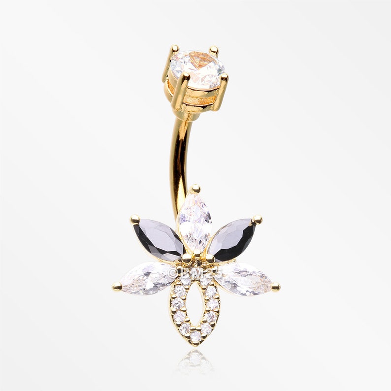 Golden Marquise Brilliance Leaflet Flower Sparkle Belly Button Ring-Clear Gem/Black