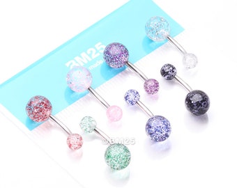 7 Pcs of Assorted Color Acrylic Glitter Ball Belly Button Ring Package