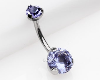 Implant Grade Titanium Internally Threaded Prong Set Belly Button Ring-Tanzanite