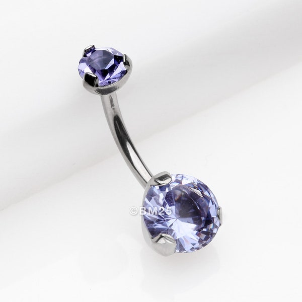 Implant Grade Titanium Internally Threaded Prong Set Belly Button Ring-Tanzanite