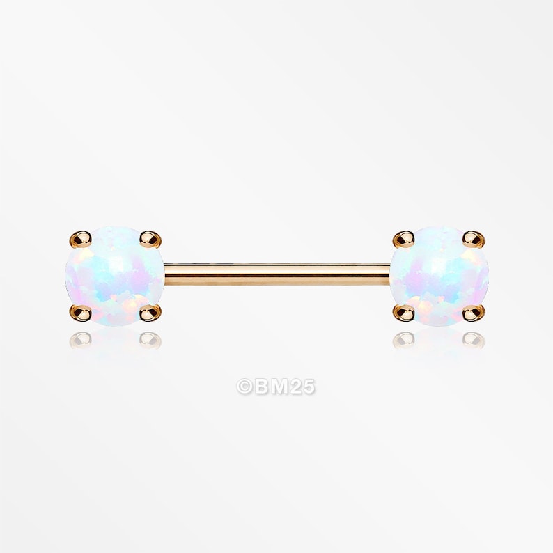 A Pair of Rose Gold Fire Opal Prong Set Sparkle Nipple Barbell White Opal