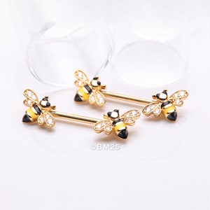 A Pair of Golden Adorable Bumble Bee Sparkle Nipple Barbell-Clear Gem