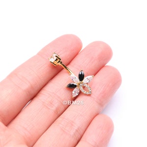 Golden Marquise Brilliance Leaflet Flower Sparkle Belly Button Ring-Clear Gem/Black