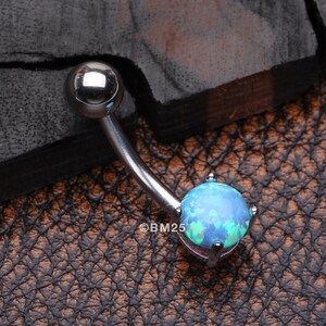 Fire Opal Prong Set Basic Steel Belly Button Ring-Blue Opal