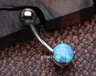 Fire Opal Prong Set Basic Steel Belly Button Ring-Blue Opal