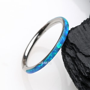 Brilliant Fire Opal Lined Seamless Clicker Hoop Ring-Blue Opal