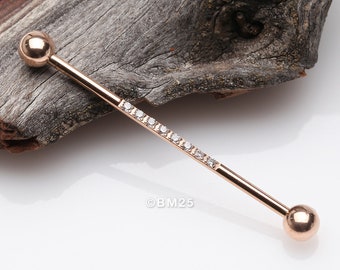 Rose Gold Sparkle Lined Gems Industrial Barbell-Clear Gem