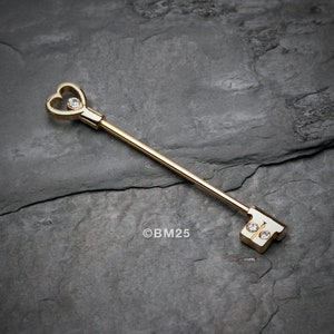 Golden Heart Key Industrial Barbell-Clear Gem