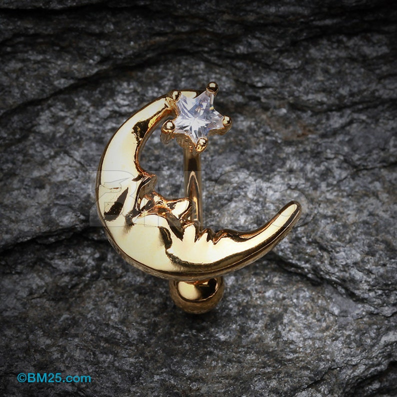 Golden Crescent Moon Shine Reverse Belly Button Ring 