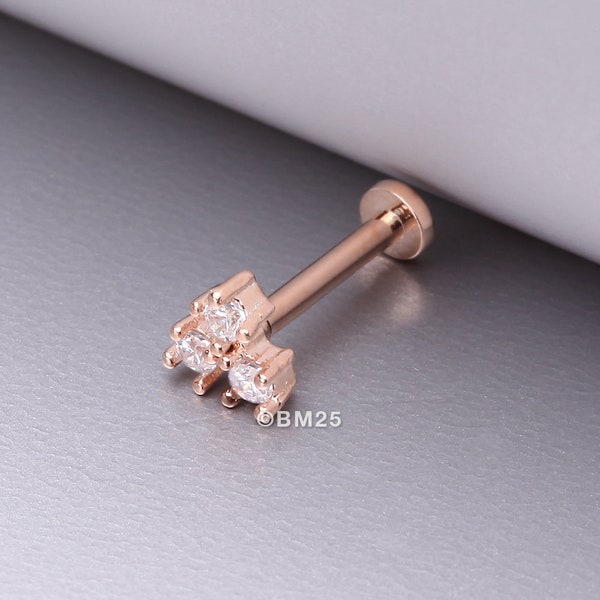 Rose Gold Trinity Sparkle Prong Set Top Internally Threaded Steel Flat Back Stud Labret-Clear Gem