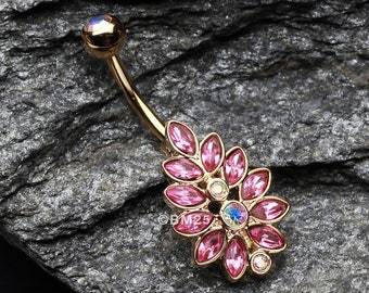 Golden Gisela Leaflet Multi-Gem Belly Button Ring-Pink/Aurora Borealis