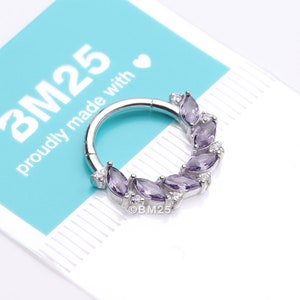 Brilliant Sparkle Marquise Weave Wreath Clicker Hoop Ring-Amethyst/Clear Gem