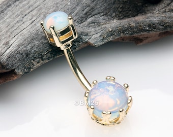 Golden Opalite Stone Crown Prong Set Belly Button Ring