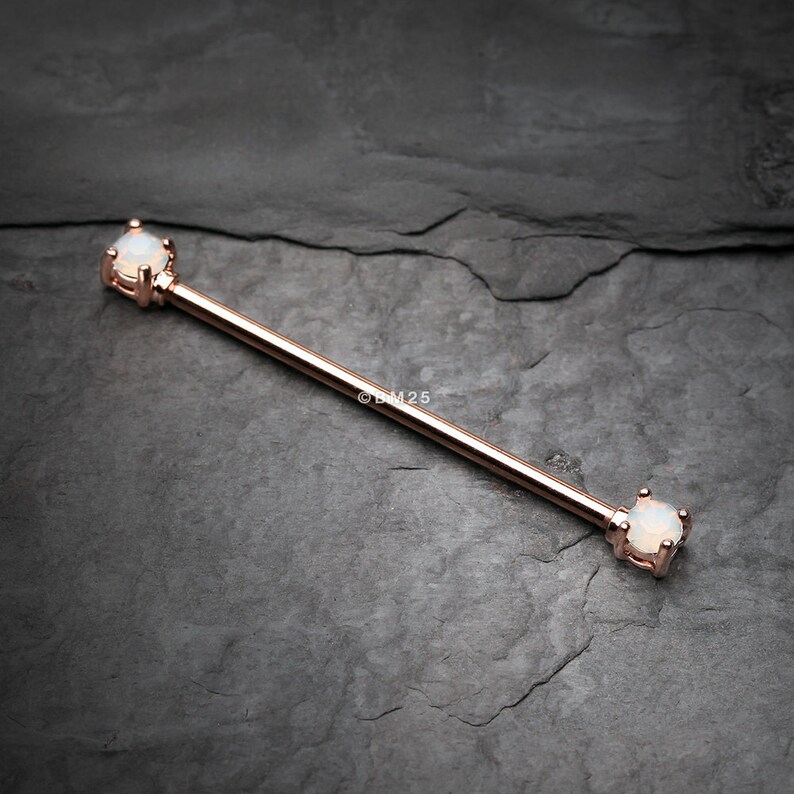 Rose Gold Opalite Gem Prong Industrial Barbell-White