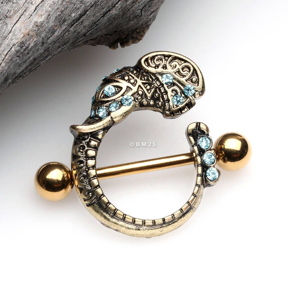 A Pair of Golden Ganesha Elephant Sparkle Nipple Shield Ring Aqua